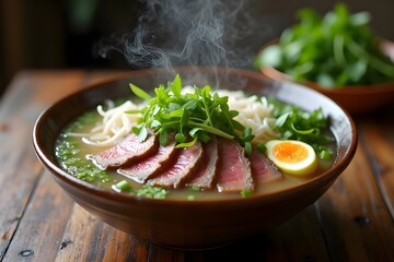 Authentic Vietnamese Pho &mdash; Tender Beef, Rice Noodles, Fresh Herbs, Lime, and Crystal-Clear Broth with Rustic Ceramic Bowl