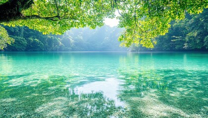 Obraz premium A beautiful turquoise lake surrounded by lush green trees, with sunlight filtering through the foliage, creating a serene and peaceful atmosphere.