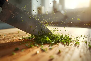 Chef&rsquo;s Knife Action Shot Slicing Fresh Herbs &mdash; Dynamic Kitchen Prep with Motion Blur and Natural Light