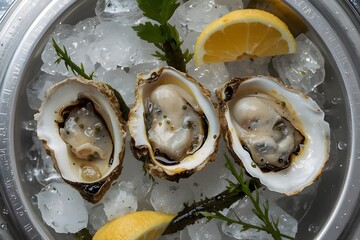 Luxury Top-Down Oysters on Ice &mdash; Fresh Seafood with Lemon, Seaweed Garnish, and Premium Cold Restaurant Mood