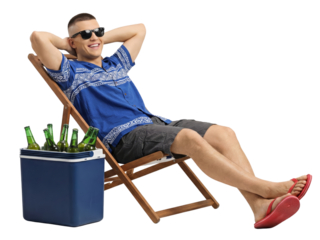 Relaxed man in sunglasses chilling with a cooler full of beers on an isolated transparent background