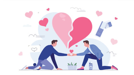 Fototapeta premium Two men holding hands and a broken heart symbolizing love reconciliation or mending a relationship with hearts and clouds in the background