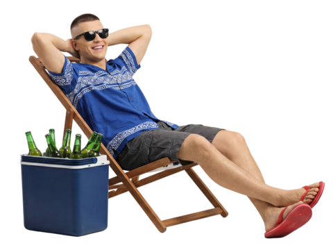 Relaxed man in sunglasses chilling with a cooler full of beers on an isolated transparent background
