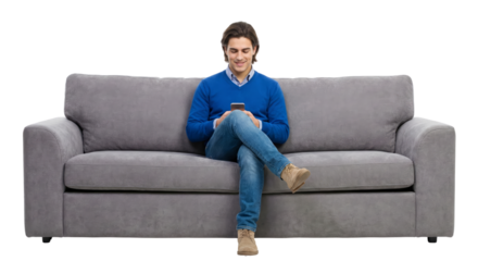 Smiling relaxed man using phone sitting on a cozy couch against transparent space providing
