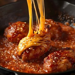Spicy Korean Buldak Chicken with Melted Cheese &mdash; Glossy Red Sauce Sizzle Food Photography