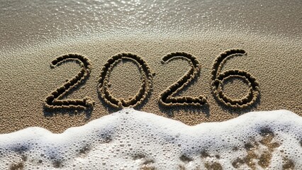 Exciting 2026 year written in sand being washed away by ocean wave