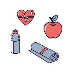 Pixel art heart, apple, water bottle, yoga mat icon, vector, Fitness and healthy lifestyle icon set