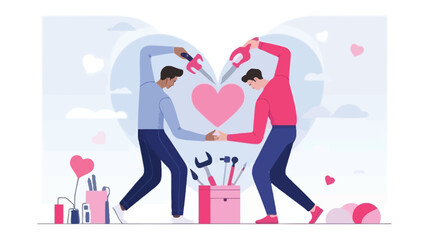 Fototapeta premium Two men are working together to build or repair a heart symbol symbolizing collaboration in love and relationships with tools and hearts in the background