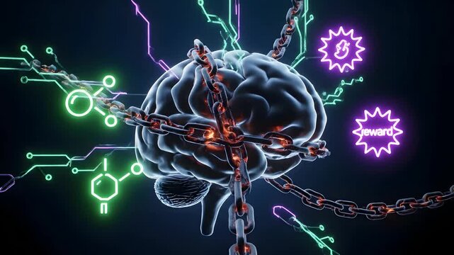 Chained human brain with glowing neural pathways and reward symbols, illustrating dopamine addiction concept, mental health control, and cognitive science