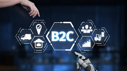 A modern representation of B2C e-commerce featuring a robotic hand and digital icons, symbolizing...