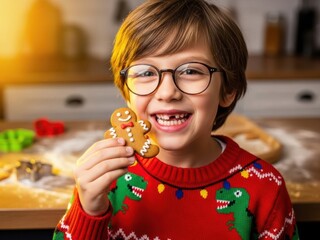 Happy boy with glasses holding a gingerbread man cookie during Christmas