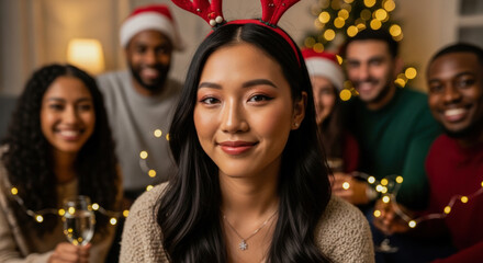 Young Asian woman wearing Santa hat antlers smiles with diverse friends celebrating Christmas holiday joyfully at home.