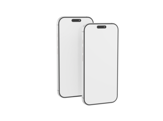 Two smartphones isolated on a white background, showcasing blank screens for app design and mockup usage.