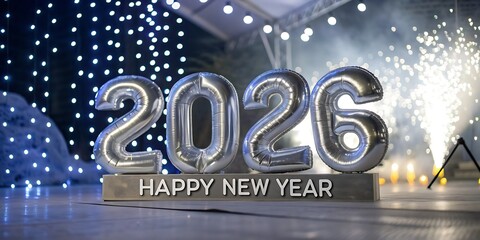 Shiny silver balloons spell out the year 2026 with a festive happy new year message and celebratory fireworks in the background