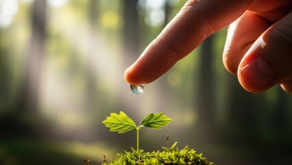 Human finger gently watering a tiny green seedling growing in moss under bright forest sunlight.