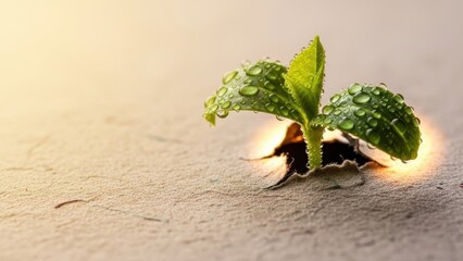 Fresh green seedling with water droplets emerging through a tear in the dry ground