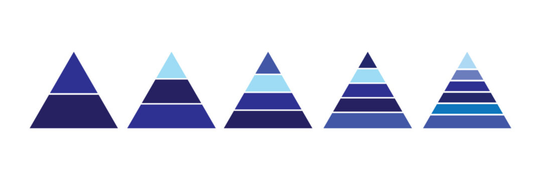 one to six level Pyramid infographic blue set. Triangle hierarchy data segments collection. Vector business illustration isolated on white.