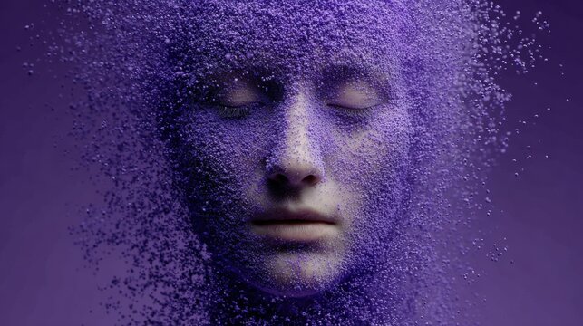 Person’s head immersed in purple pigments, eyes closed. Epilepsy awareness,  support, inclusion during Purple Day initiatives