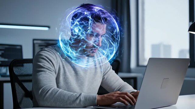 Young man focused on laptop with glowing neural activity for dopamine regulation concept and enhanced mental performance in a futuristic office setting