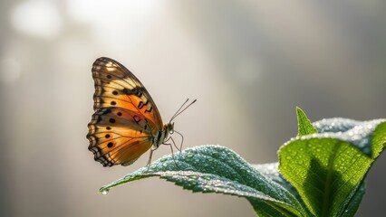 Naklejka premium Colorful butterfly resting on a fresh green leaf covered in sparkling dew drops in soft morning light