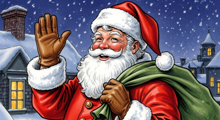 Vintage painted christmas post card with happy Traditional santa claus holding bag of gifts. vintage antique retro style. Festive background. Home Xmas time. Greeting card or banner copy space