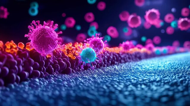 Vibrant virus and pathogen near cell membrane, infection concept with immune microbiology biology disease science collide across textured surface
