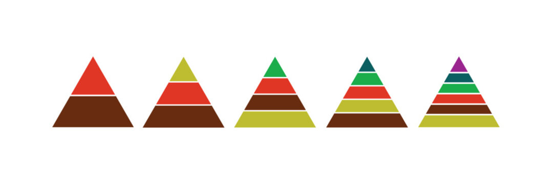 Colorful pyramid infographic templates collection. Pyramid charts with 2, 3, 4, 5, 6 levels . Flat color design. Pyramid infographic set . Vector Illustration