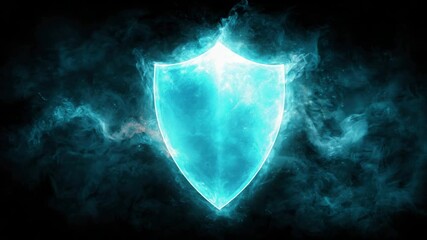 Glowing Azure Shield Surrounded by Smoke on Dark Background Cybersecurity Concept
