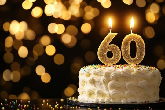 A festive birthday cake with golden 60 candles and colorful sprinkles against a blurred background.