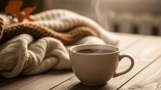 Cozy autumn scene featuring a steaming cup of coffee and warm knitwear on a wooden table evokes