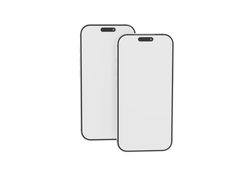 Two modern white smartphones on white background. Blank screens, mockups for apps, websites and product designs