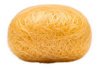 Natural golden silk cocoon ball with detailed fibrous structure on a transparent background