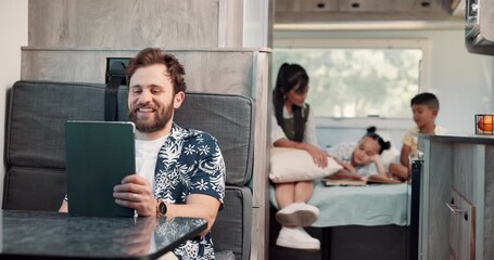 Caravan, smile and man with tablet, internet and social media with communication, network and father. Family, parent and kids with dad, tech or email with online schedule, digital app and connection - Powered by Adobe