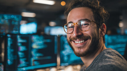 Smiling man in glasses working on programming tasks in a modern tech office, showcasing a vibrant coding environment.