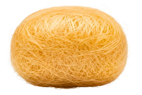 Natural golden silk cocoon ball with detailed fibrous structure on a transparent background