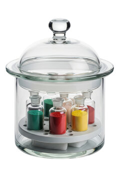 Laboratory glass desiccator jar containing colorful chemical powder on a transparent background
