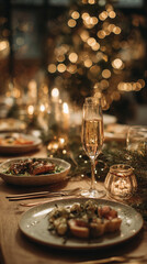 Elegant Christmas dinner table with champagne glasses and festive lights