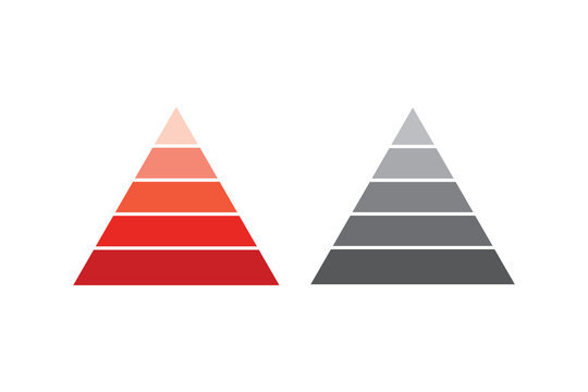 Levels of 5 triangular pyramid icon set. Triangle pyramid chart collection. Maslow layer diagram. Development level infographic. Business graph