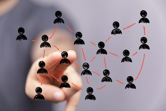Hand pointing at network of people, teamwork, connection, collaboration, communication, global network, social media, business, techn