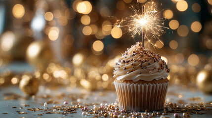Festive cupcake with sparkler on blurred golden holiday background