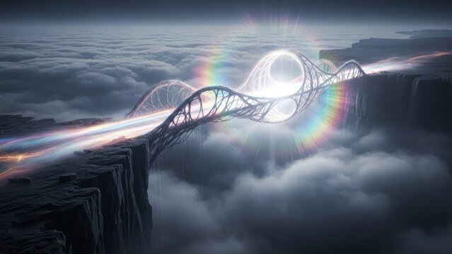 Abstract futuristic bridge spanning cliffs above dense clouds with glowing path and portal