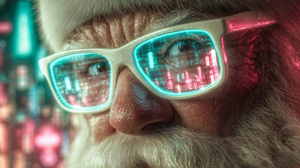 Cyberpunk Santa Claus with neon glasses in a futuristic glowing cityscape