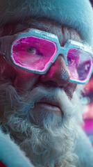 Cyberpunk Santa Claus with neon glasses in a futuristic glowing cityscape