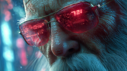 Cyberpunk Santa Claus with neon glasses in a futuristic glowing cityscape