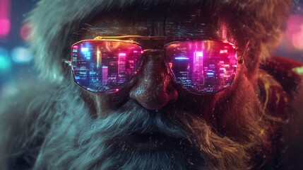 Cyberpunk Santa Claus with neon glasses in a futuristic glowing cityscape