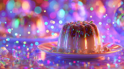 Neon holographic cake slice with glowing icing and berries