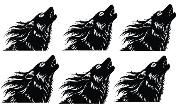 Six howling wolf heads in a striking black silhouette against a white background conveying a sense of wildness and unity silhouette