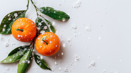 Fresh mandarins with green leaves and fir branches on snowy white Christmas background