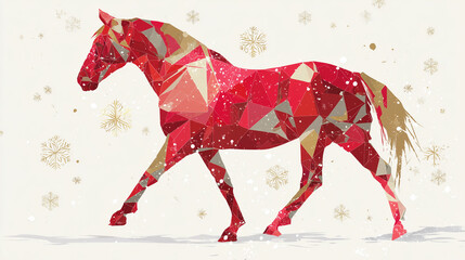 Geometric red horse illustration with winter snowflakes, modern polygon Christmas design