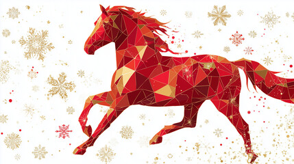 Geometric red horse illustration with winter snowflakes, modern polygon Christmas design
